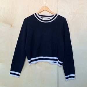 Sandro merino wool cashmere varsity sweater | navy with white stripe |size 3